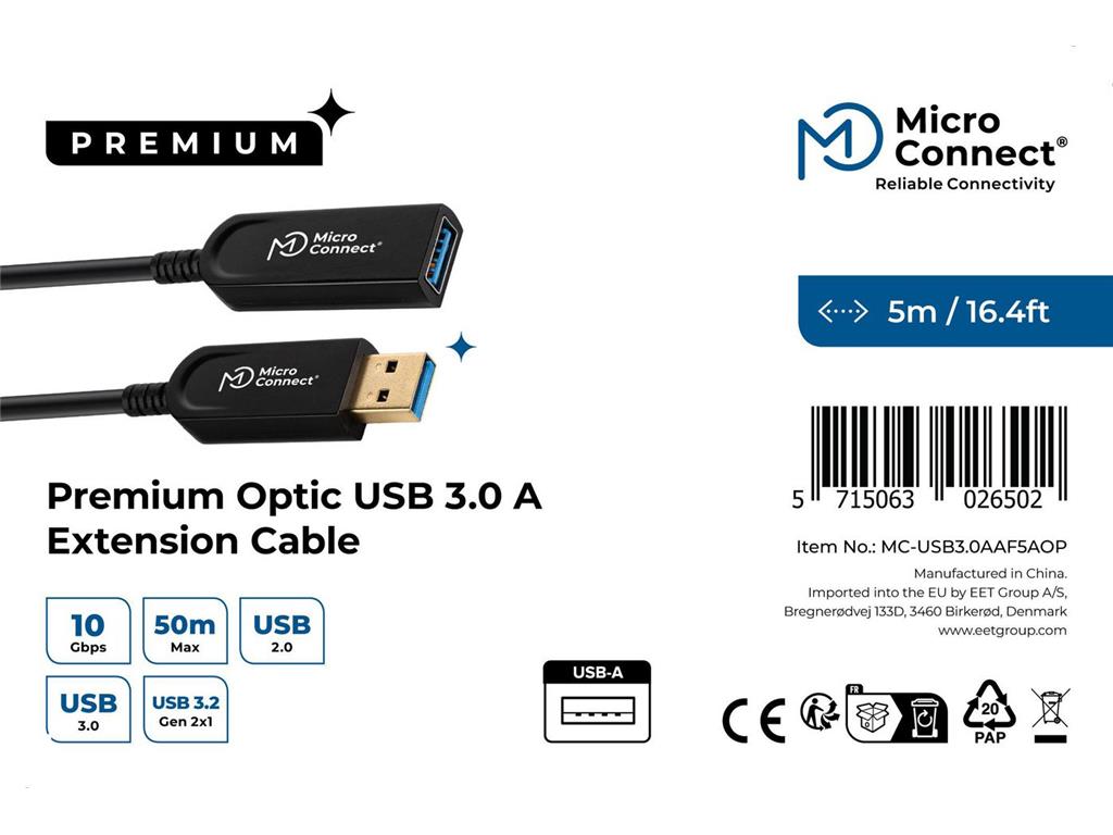 MicroConnect Kabel optični USB A-A 3.0, 5m, črn (M-F)