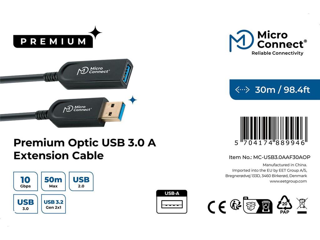 MicroConnect Optični kabel USB A-A 3.2, 30m (M-F)